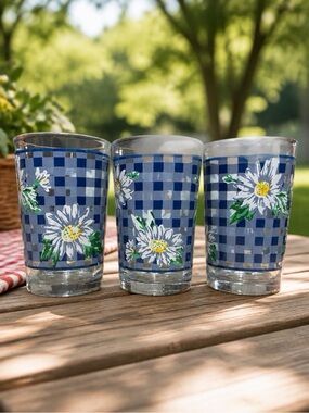 3 KIG Indonesia Blue Gingham and Daisies Juice Glasses-Vintage Drinkware